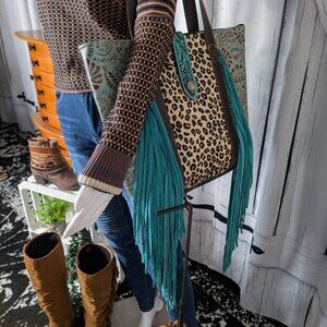 Myra Bag Ocean Current Large Leather/Hair-on Tote w/Fringe